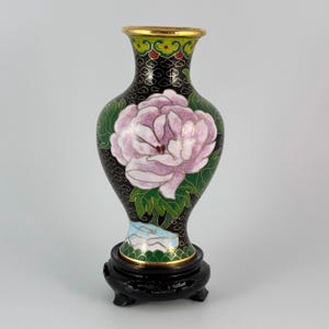 Black Asian Cloisonné Vase with Floral Design - Vintage Chinese Vase 5&quot;