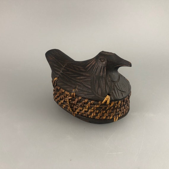 Carved Bird Box with Woven Wicker Rim - image 6