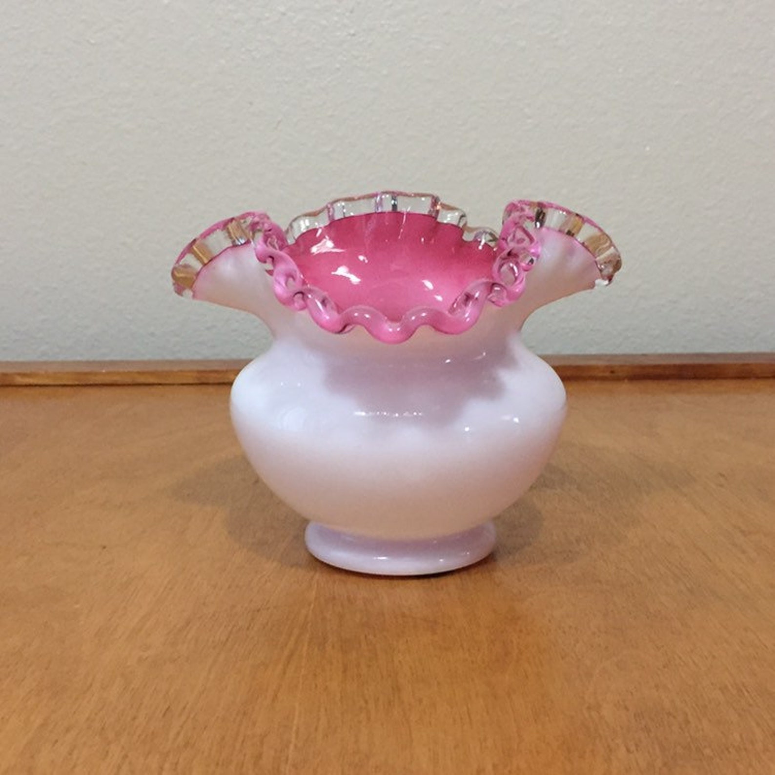 Fenton Milk Glass Vase With Pink Ruffle Bulb Shape 4 Height Etsy