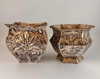 Silver Tone Embossed Metal Planter / Vase Maple Leaf Design - Set of 2