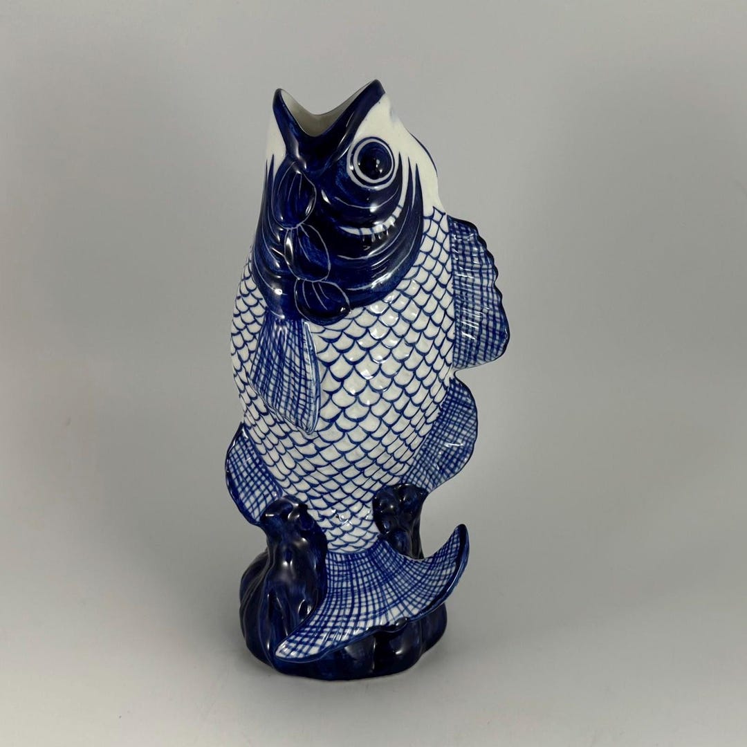 Image showcasing Blue Ceramic Fish Vase - Etsy