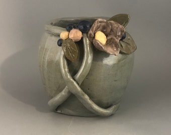 Pottery Art Vase - Clay Art Vessel with 3D Flowers