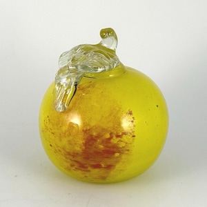 Yellow and Red Glass Apple Paperweight with Green Leaf