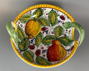 イタリア製セラミック製サービングボウル（取っ手付き） - レモンと洋ナシのデザイン