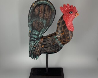 Wood Rooster Statue from Indonesia - Height is 14 1/2”