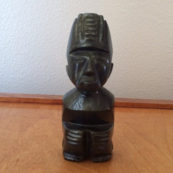 Black Carved Stone - Tiki Man - Paperweight Figurine