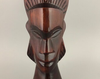 Indonesian Wood Bust: Primitive Carved Woman Headpiece