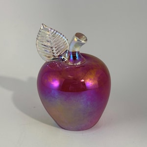Red Glass Apple Paperweight with Clear Leaf