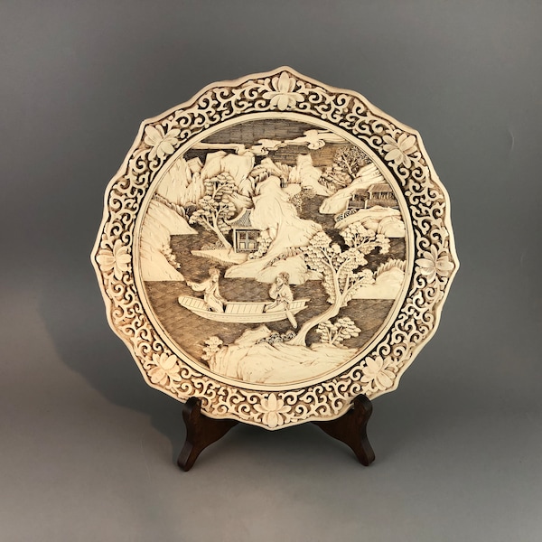 Vintage Oriental Ivory Dynasty Plate Carved Resin by Arnart Imports 1982