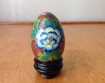 Sweet Cloisonné Egg with Blue Flower and Stand - Free Shipping