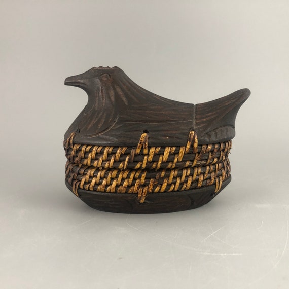 Carved Bird Box with Woven Wicker Rim - image 1