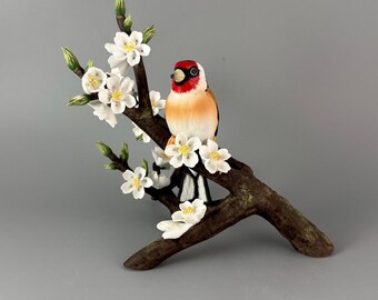Porcelain Goldfinch Bird Figurine with Cherry Blossom by RSPB 1979 Franklin Porcelain