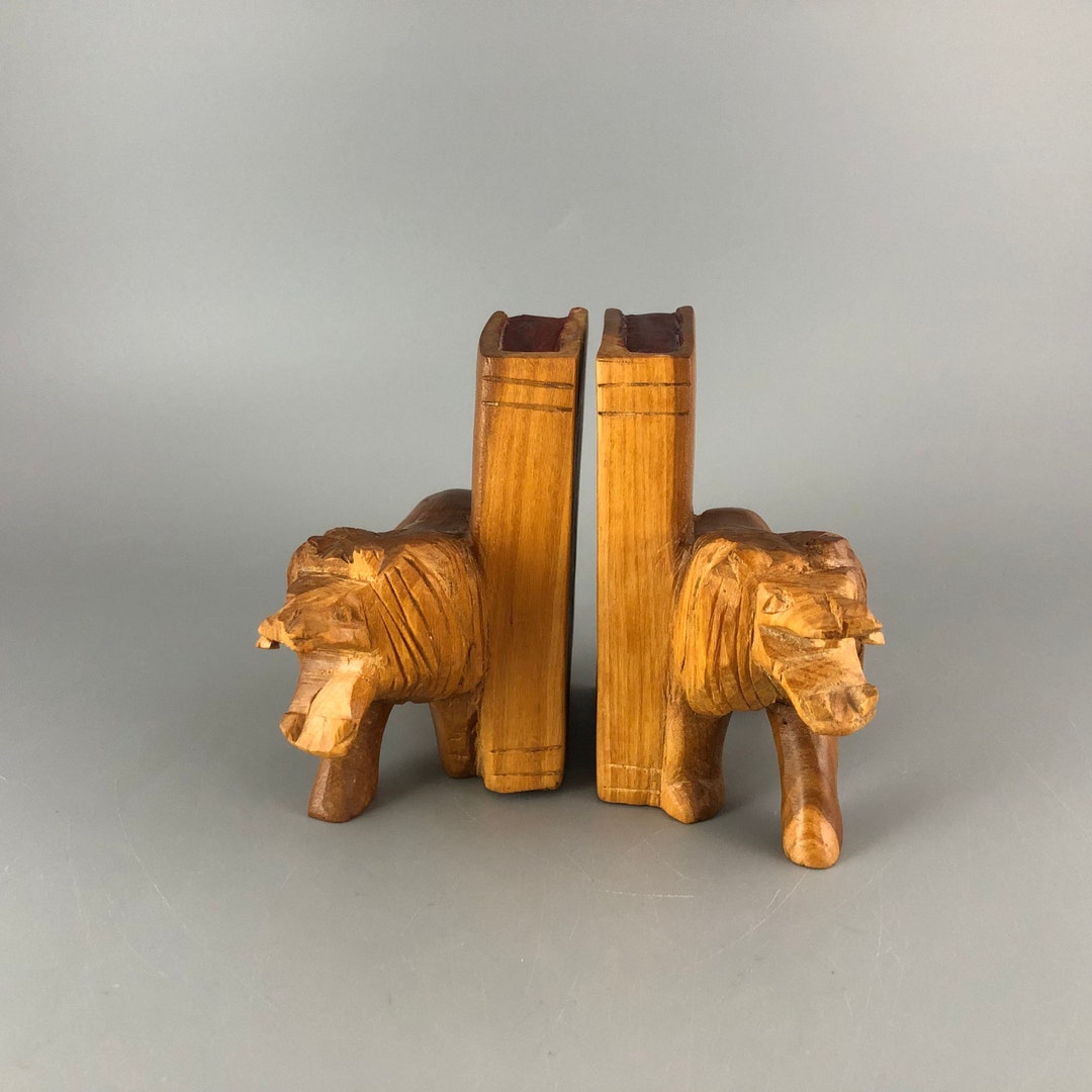 Wood Lion Bookends Hand Carved African Lions Book Ends Etsy
