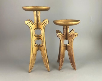 Mid Century Gourmet Royale LTD Cast Iron  Gold Candle Holder Set of 2