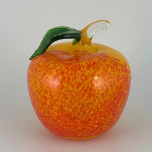 Yellow and Red Glass Apple Paperweight with Green Leaf