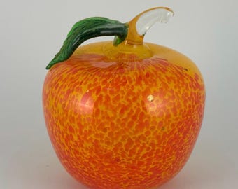 Yellow and Red Glass Apple Paperweight with Green Leaf