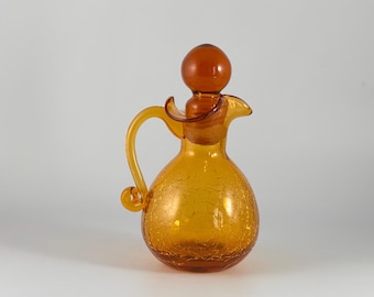 Amber Crackle Glass Cruet w/ Stopper and Whimsical Glass Handle
