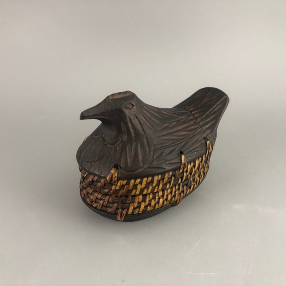 Carved Bird Box with Woven Wicker Rim - image 5