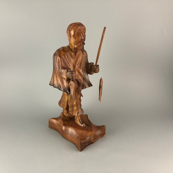 Wood Sculpture Man Fishing Successful Fisherman Walking Home 