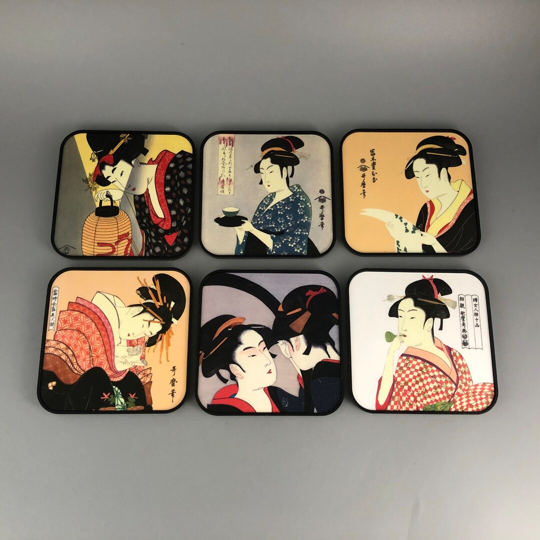 Japanese Coasters by Utamaro Set of 6 Etsy