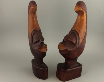 Set of 2 Carved African Folk Art Busts – Wood Man and Woman (10" Height)
