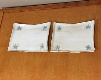 Large Ceramic Rectangle Plates - Pottery Art Plates - Set of 2 -  Blue Starfish