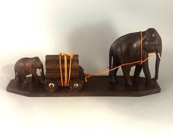 Working Elephants from India - Wood Carving Asian Elephant with Baby Elephant