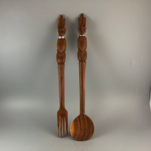 African Carved Wood Fork and Spoon Serving Utensils