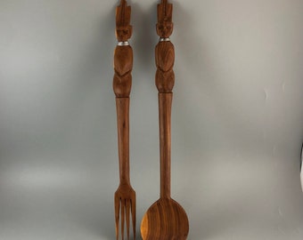 African Carved Wood Fork and Spoon Serving Utensils