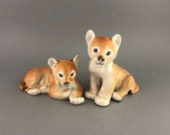 Lomonosov Baby Lion Figurine - Set of 2, USSR Porcelain Russian Animal Figurine