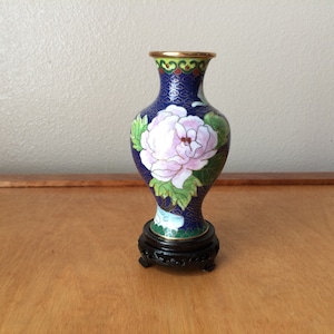 Blue Asian Cloisonné Vase with Floral Design - Vintage Chinese Vase 5&quot;