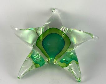 Green Glass Starfish Paperweight: Nautical Decor, 6"