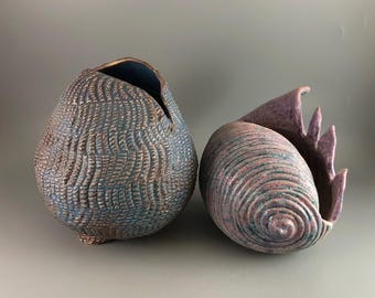 Sculpted Sea Shell Pottery Art: Beach House Decor, Set of 2