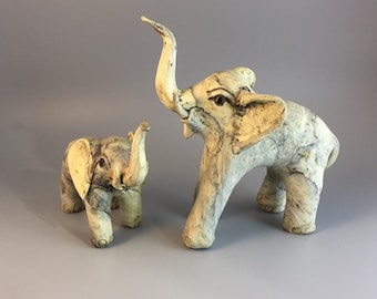 Elephant Figurine Mom and Baby Set - Fiberglass Marble Resin