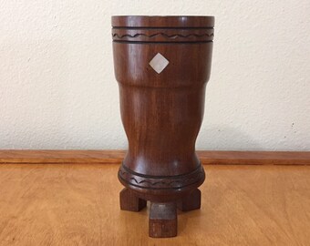 Carved Wood Vase with Mother of Pearl Inlay – Artist Brush Holder