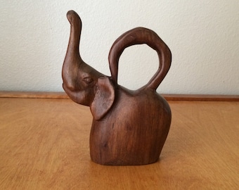 Hand Carved Wood Elephant Figurine with Handle - Indian Souvenir