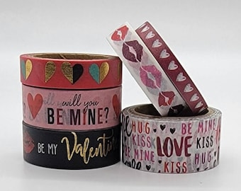 Full Rolls of Washi Tape, Journal Tape, BUJO, Planner Accessories, Valentine's Day, heart washi, love, gold foil, Be My Valentine