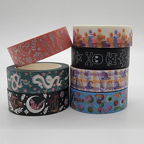 Full Washi Tape Roll, 10 yard rolls of washi, Planner Washi, Bujo, planner tape, Halloween, skulls, snakes, witches, potion, silver foil