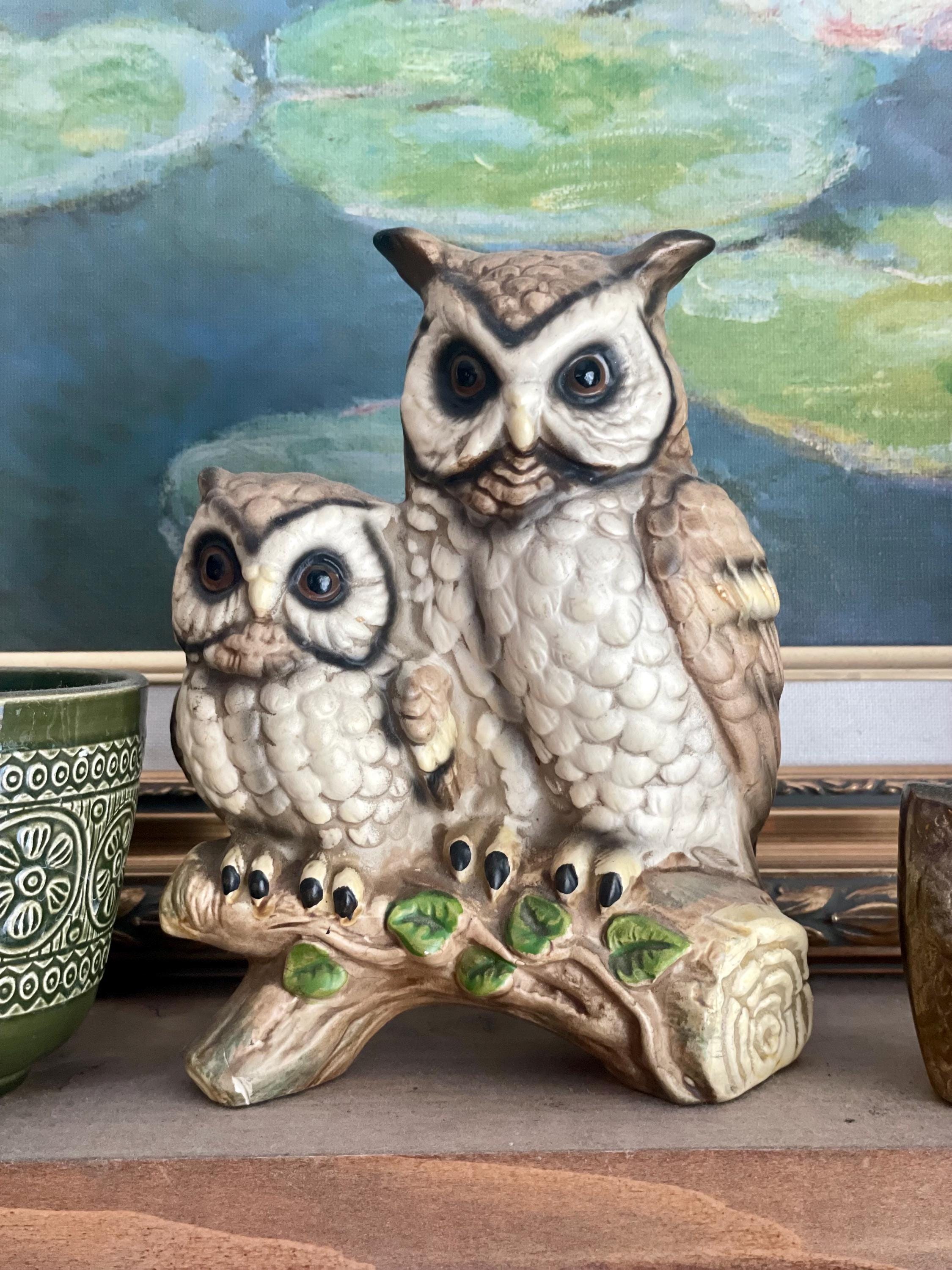 2 owls on branch. mom and baby.