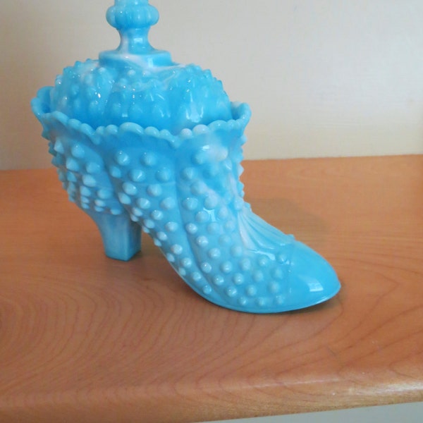 Fenton Blue Hobnail Glass Shoe with Original Sticker