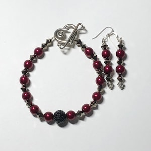 Czech Swarovski metallic crystal, black Pave Swarovski and crimson druk pearl bracelet set.