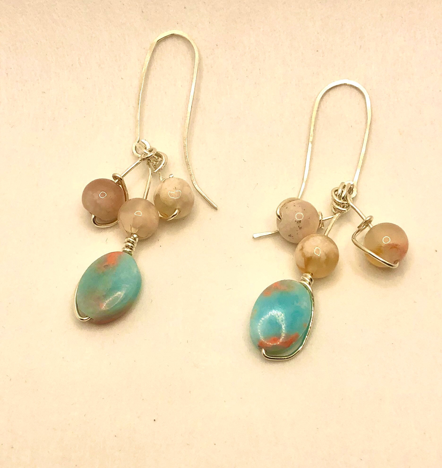 Cloud Earrings With Pink Opals And Blue Sky Impression Jasper Wire Wrapped Sterling Silver Earrings