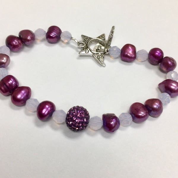 Swarovski pave beaded bracelet with plum cultured pearls