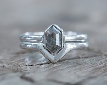 Salt and Pepper Hexagon Diamond Ring Set in Ethical White Gold