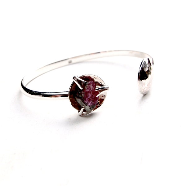 Rough watermelon tourmaline bangle in sterling silver - green and pink gemstone