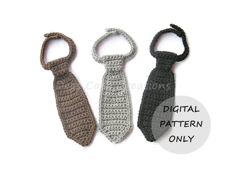 May include: Three crocheted ties in brown, grey, and black.  The ties are all the same size and shape, and they are all made with a simple crochet stitch.  DIGITAL PATTERN ONLY.