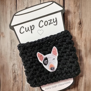 Bull Terrier Cup Cozy, READY to SHIP, Dog Cup Cozy, Coffee Cup Sleeve, Coffee Cozy, Drink Cozy, Dog Lover Gift, Crochet, Travel Mug Cozy