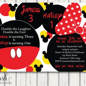 Mickey and Minnie Double Invitation, Mickey and Minnie Sibling Invitation, Mickey and Minnie Twin Invitation, Brother and Sister Invitation