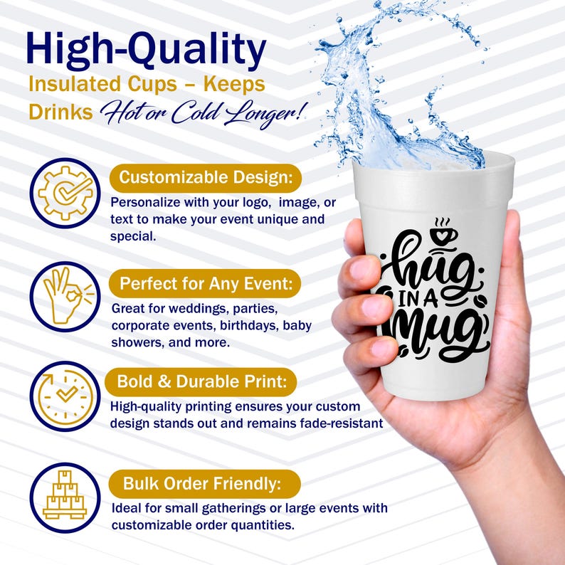 K&ouml;nnte beinhalten: Wei&szlig;er isolierter Becher mit einem schwarzen Design, auf dem "hug in a mug" steht. Der Becher wird von einer Hand gehalten. Das Bild enth&auml;lt auch Text &uuml;ber die Eigenschaften des Bechers, wie z. B. individuelles Design, perfekt f&uuml;r jede Veranstaltung, kr&auml;ftige und langlebige Druckqualit&auml;t und Gro&szlig;bestellungen.