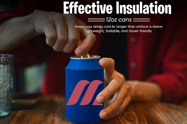 May include: A blue can cooler with a pink logo is held by a person. The text "Effective Insulation" and "12oz cans" are at the top. The text also says it keeps drinks cold longer and is lightweight, foldable, and travel-friendly.